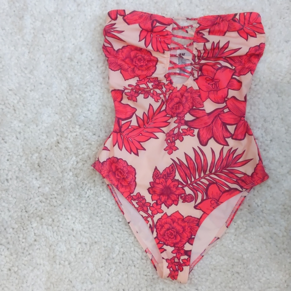 H&M Strapless Swimsuit Pink Floral Sz 6